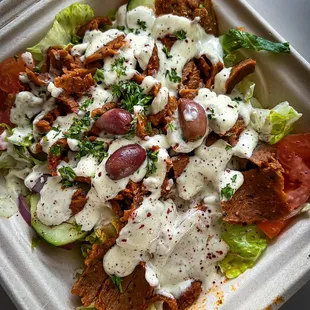 Lamb and beef gyro salad - garlic sauce instead of Tzatziki