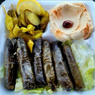 Meat stuffed grape leaves &amp; hummus