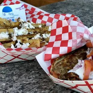 two baskets of food on a table