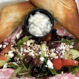 Greek Salad with Fresh  Baked, House Made Spinach Pie... right out of the oven!