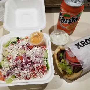 Beef lamb gyro, traditional salad, soda combo