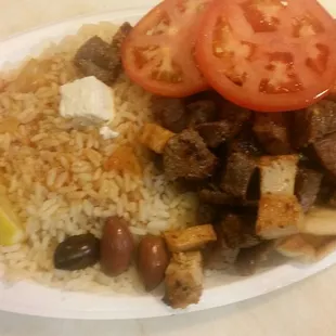Beef and chicken combo over rice