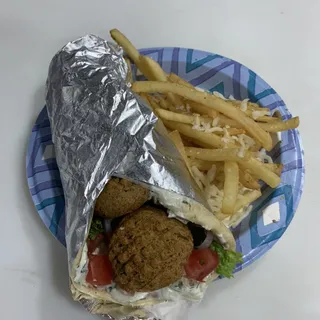 Falafel souvlaki with Greek fries