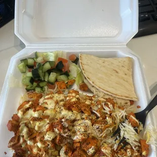 Chicken Shawarma Platter. Soo good! Great price, quality and portion size. Fried cheesecake and gyros are also tasty.