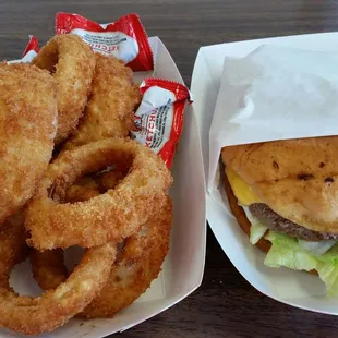 Cheeseburger and onion rings from Gyro's