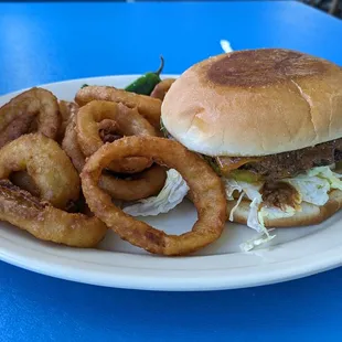 Chili cheeseburger with onion rings
