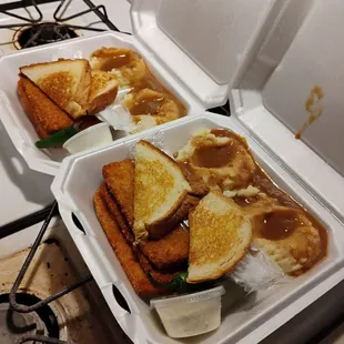 Three piece fish dinner with double mashed potatoes.