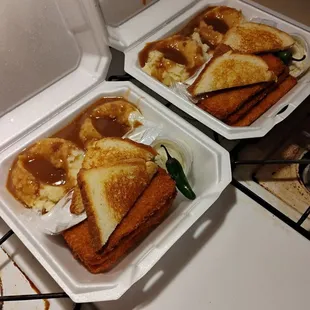 Three piece fish dinner with double mashed potatoes.