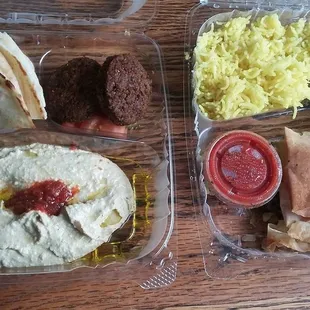 Hummus, falafel, spinach pie &amp; rice