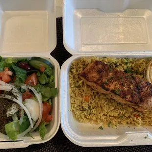 7. Grilled Salmon, Rice, Salad and Pita Combination Plate