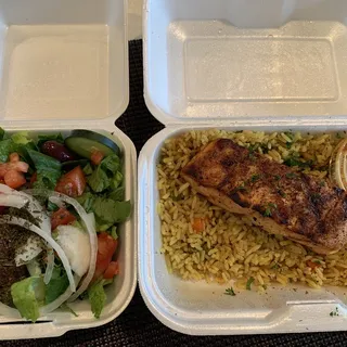 7. Grilled Salmon, Rice, Salad and Pita Combination Plate