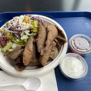 Side of beef/lamb gyro meat and salad with oil/vinegar dressing substitute