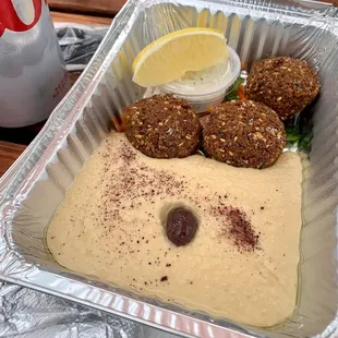 Hummus and Falafel Plate with Lemon and Tzatziki (Pita Bread not pictured)