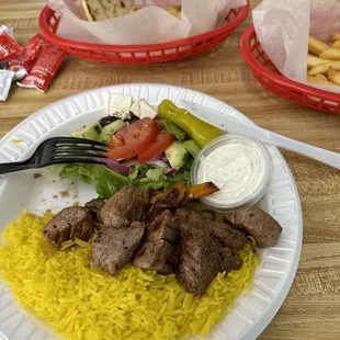 Tri tip shish kabobs. Fries are good yum