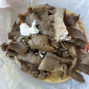 Gyro, piled so high with meat I make lamb fries with half the meat first