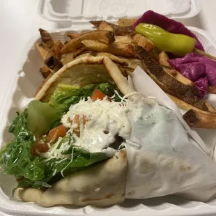 Chicken Gyro and Fries with Pickled Red Cabbage and pepperCheney on the side