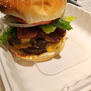 a hamburger on a tray