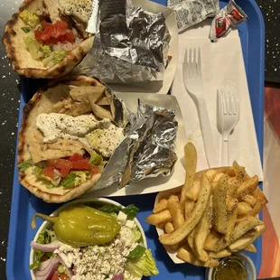 Classic pitas with fries and Greek salad