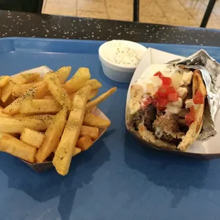 Gyro and fries . Try it with feta cheese!