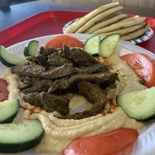 Hummus and steak Meat