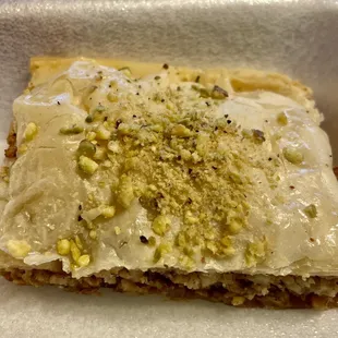 Baklava; the size is small for this price, and it&apos;s not too sweet which I like about it.