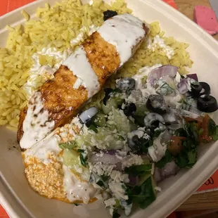 a meal in a styrofoam container