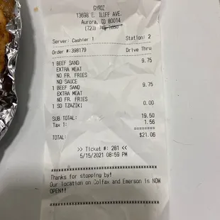 Receipt and food.