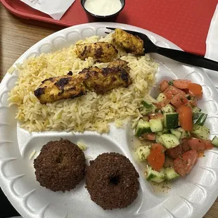 Chicken Kabab Plate with 2 sides: Falafel, Cucumber Salad