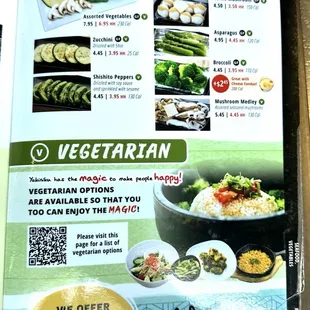 Vegetarian/vegetables menu