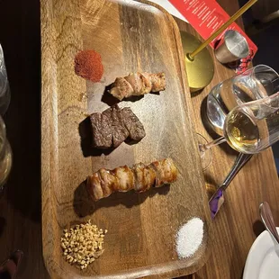 Chicken pork and wagyu skewers