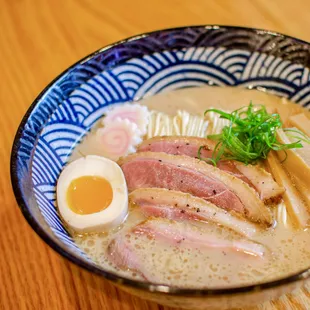 Shio Kamo Rosu--homemade noodles, creamy duck broth,menma, fish cake, scallions, thinly sliced duck breast, and tamago.