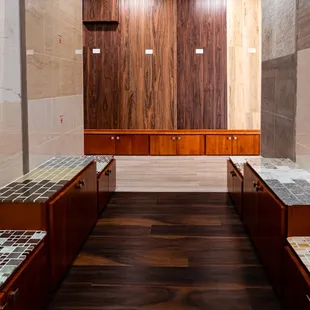 a hallway with benches