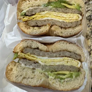 Sausage, Egg and Cheese Bagel with Avocado and Jalapeño.