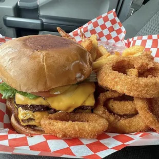Double meat cheese burger,onion rings