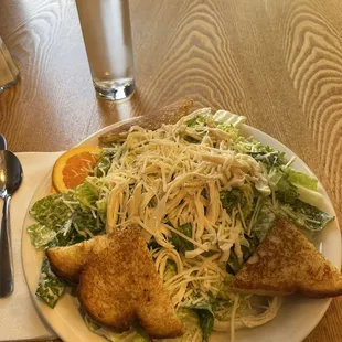 Caesar salad with shredded chicken breast.