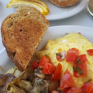 Roasted eggplant omelet, bisquits, salsa fresca