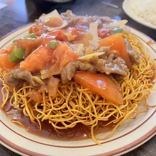 Tomatoes Beef over crispy noodles