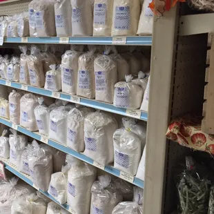a shelf full of rice