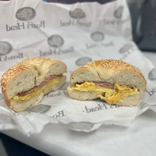 Ham egg and cheese on sesame