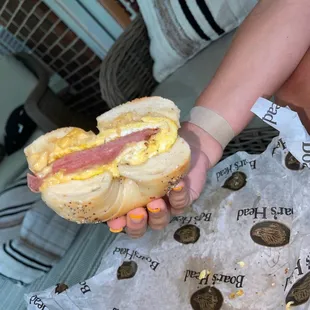 Ham, cheese, and egg sandwich on an Everything bagel.