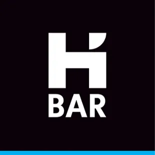 a black and white logo with a blue border