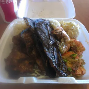 HC drive-in special mix plate #1. Kalbi,chicken, and shrimp with rice and mac salad. Dined here on 8/8/13.