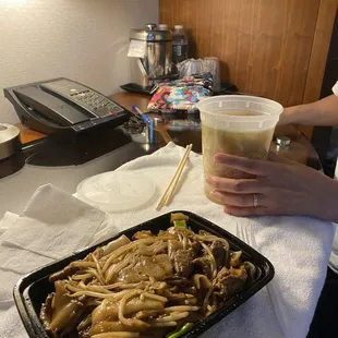 Beef chow fun and wonton soup