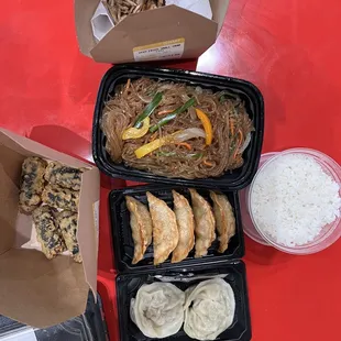 Dumplings, fried crab, japchae