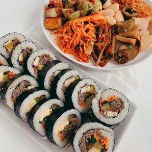 The best bulgogi gimbap!! Banchan from the cooler section