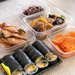 Kimbap, Japchae, Seasoned Pickled Radish, Hot Anchovy, Seasoned Fishcake