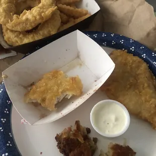 Fish, chips and crab cake.