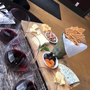 cheese, crackers, and wine