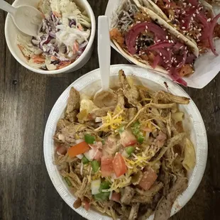 Mac and Cheese, Korean tacos, side of coleslaw.