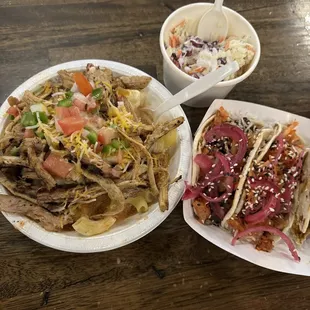 Mac and Cheese, Korean Tacos, and side of coleslaw